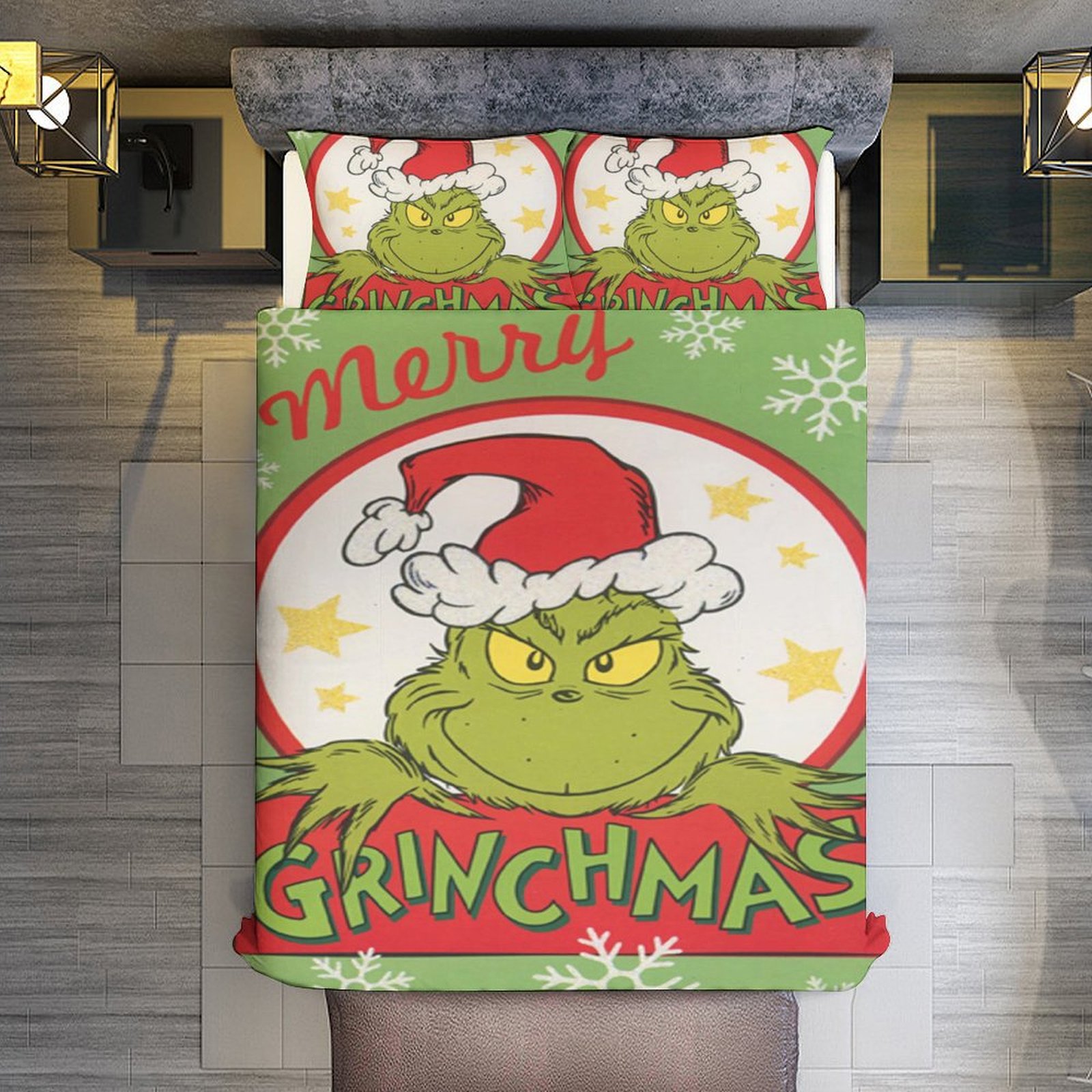 Comforter Set Queen Size, Merry Grinchmas.Grinch in Red Bordered Circle ...