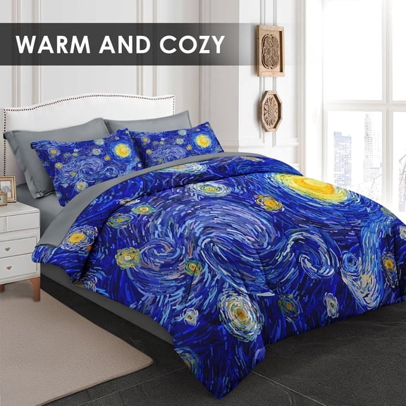 Comforter Set Queen Size, Moon Starry Night 7 Pcs Bedding for Kids and Adults, Blue Modern Star Sky Art Bed Sheet Sets with Fitted Sheet 2 Pillowcase & 2 Sham for Bedroom Bed Decor