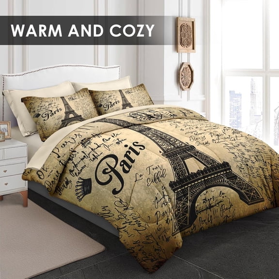 Comforter Set Queen Size, Paris Eiffel Tower 7 Pcs Bedding for Kids and Adults, Love Retro Brown Bed Sheet Sets with Fitted Sheet 2 Pillowcases & 2 Shams for Bedroom Bed Decor