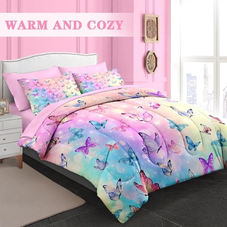 Comforter Set Queen Size, Pink Blue Butterfly 7 Pcs Bedding for Kids and Adults