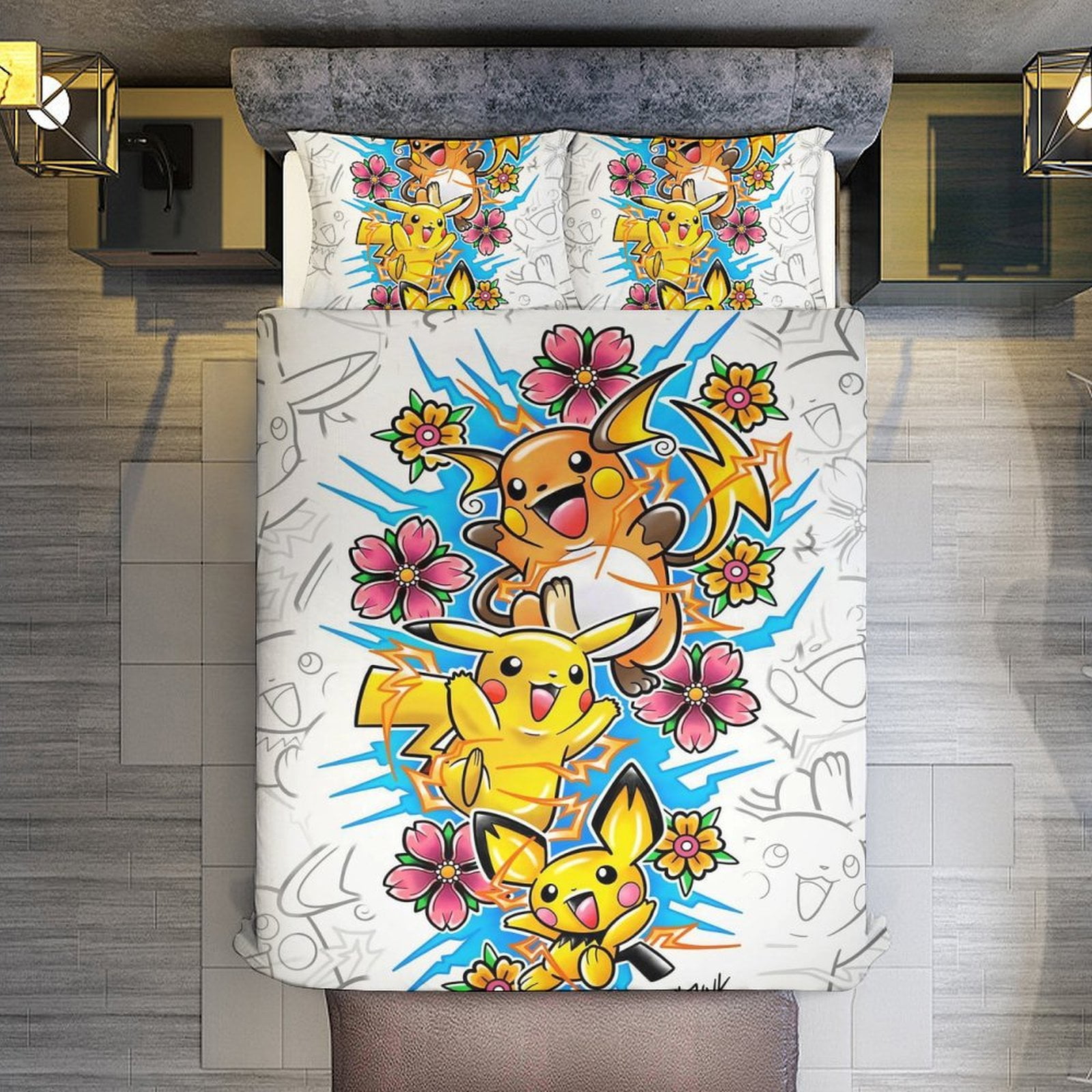Comforter Set Queen Size,Pokémon Pikachu Raichu Pichu658 Set with 2 Pillowcases for All Seasons ...