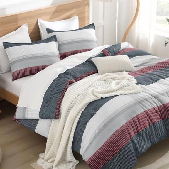 Comforter Set Queen Size Red Blue - 3 Pieces Lightweight Colorblock Stripe Fluffy Bedding Comforter Sets, All Season Bed Set