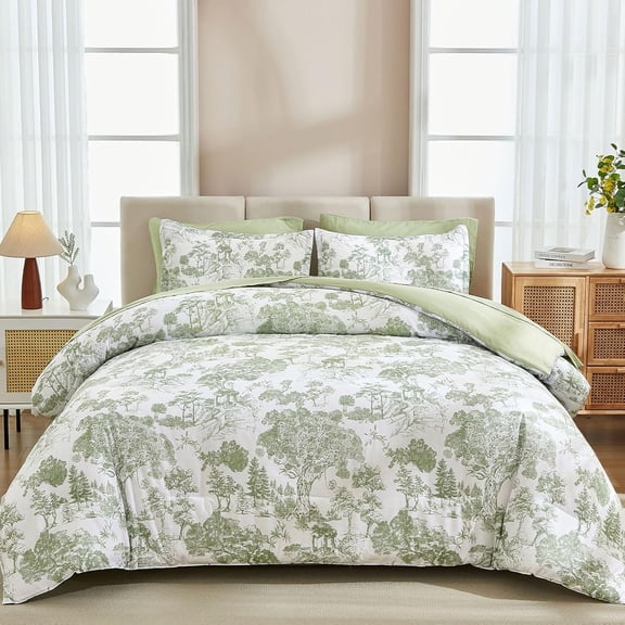Comforter Set Queen Size, Sage Green 7 Pieces Bed in a Bag Queen Botanical Comforters with Sheets Elegant Plants Print Soft