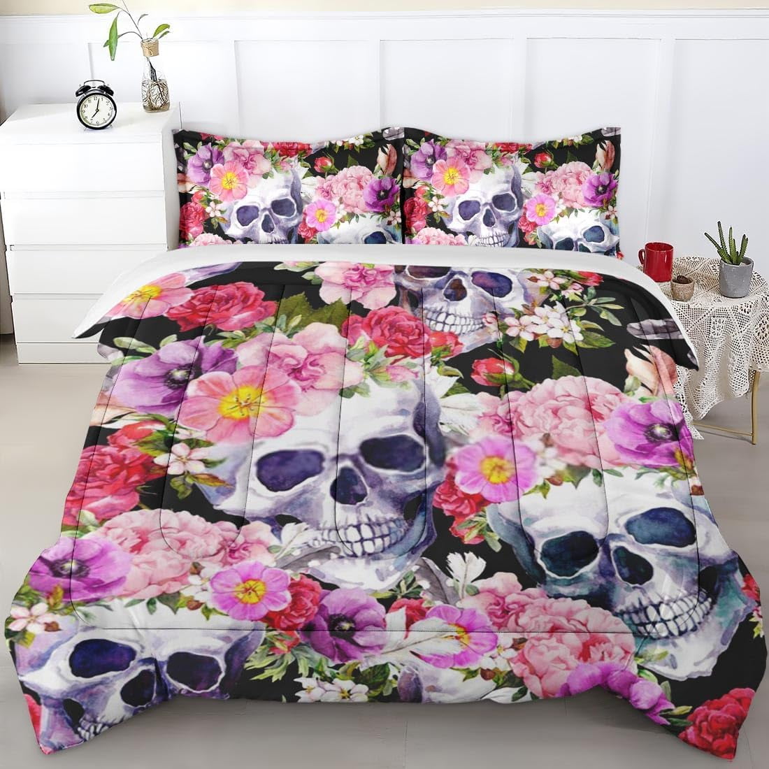 Comforter Set Queen Size, Skull Skeleton Horror Gothic Bedding Set for ...