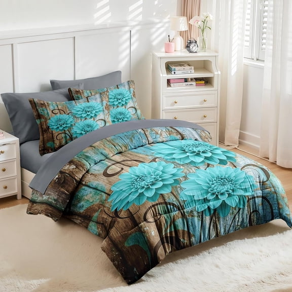 Comforter Set Queen Size, Teal Farmhouse Dahlia 7 Pcs Bedding for Kids and Adults