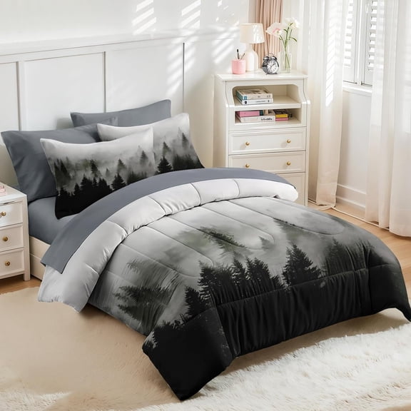 Comforter Set Queen Size, Tree Mountain Forest 7 Pcs Bedding for Kids and Adults