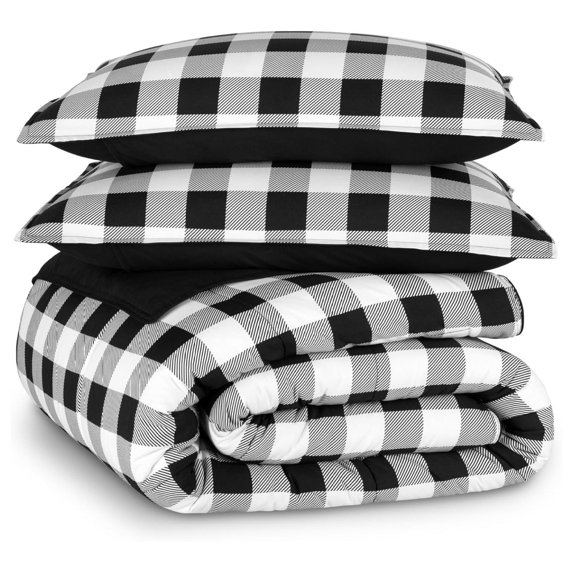 Comforter Set - Queen Size - Ultra-Soft - Goose Down Alternative - Premium 1800 Series - Reversible - All Season Warmth (Queen, Buffalo Plaid - White/Black)
