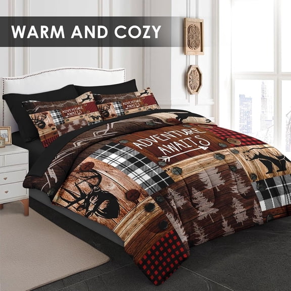Comforter Set Queen Size, Wood Bear Deer Animal 7 Pcs Bedding for Kids and Adults, Vintage Adventure Plaid Brown Bed Sheet Sets with Fitted Sheet 2 Pillowcase & 2 Sham for Bedroom Bed Decor