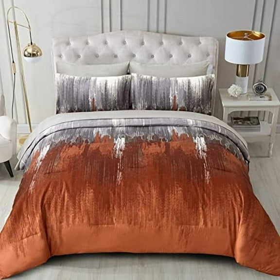 Comforter Set Queen, Thanksgiving Burnt Orange 7 Pieces Bed in a Bag Abstract Gradient Fall Terracotta Bedding Set with Comforter, Flat Sheet, Fitted Sheet, Pillow Shams, Pillowcases
