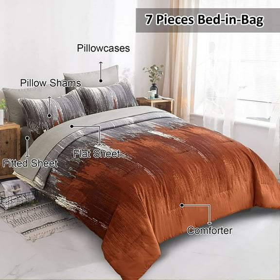 Comforter Set Queen, Thanksgiving Burnt Orange 7 Pieces Bed in a Bag