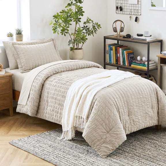 Comforter Set With Sheets 5 Pieces Beige Seersucker Textured Bed In A Bag For Bedroom Luxury Soft Bedding Sets Down Alternative Pillowcase & Sham All Seasons
