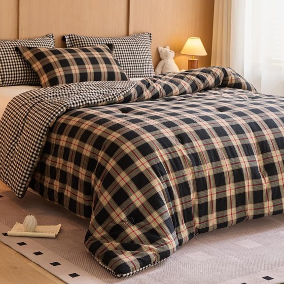 Comforter Set Size - Reversible Yarn-Dyed Checkered Design, Soft Washed Both Sides, Lightweight -Season Bedding, Machine Washable(Black Red Plaid, 68"x90")