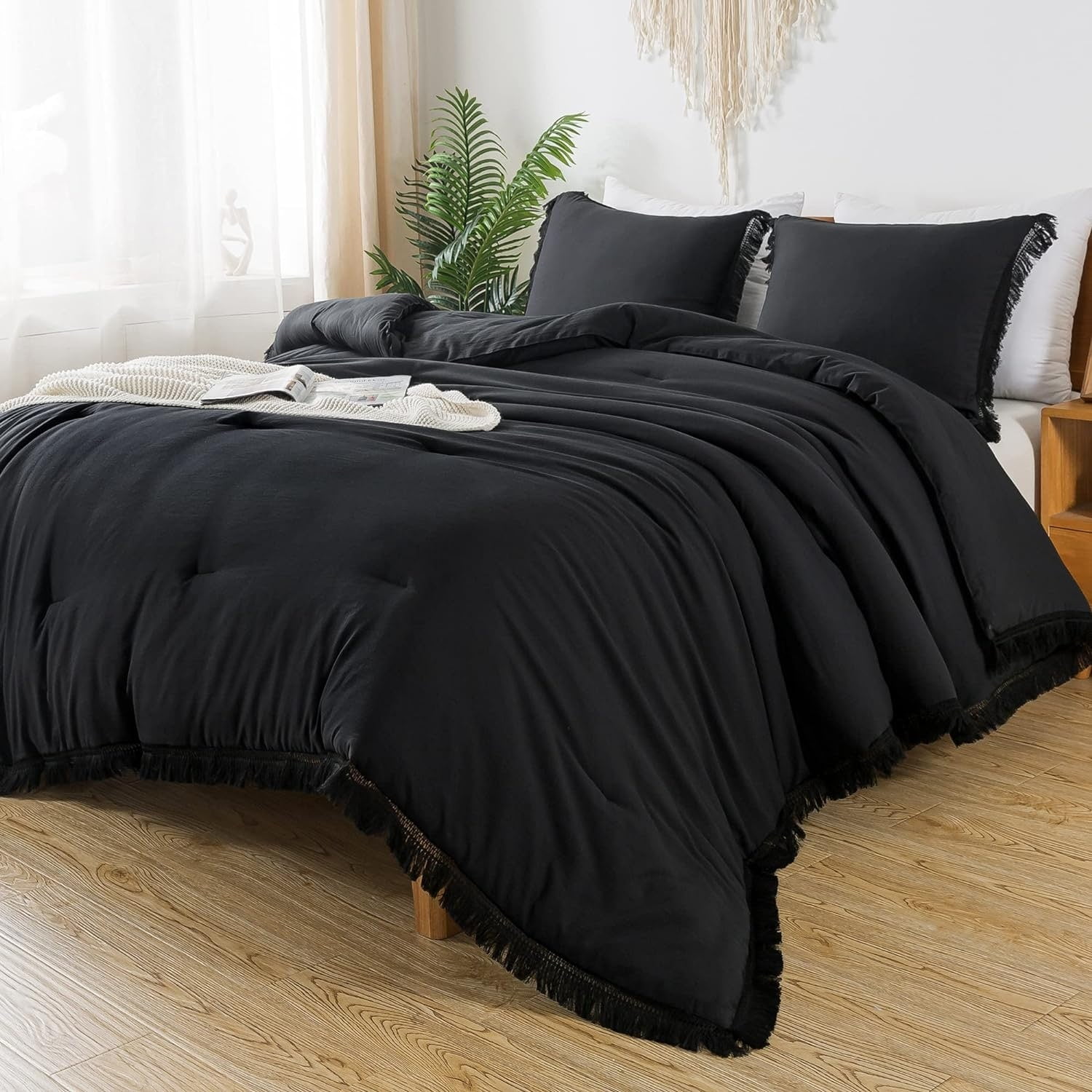 King Black Boho Tassel Comforter Set with Fringe