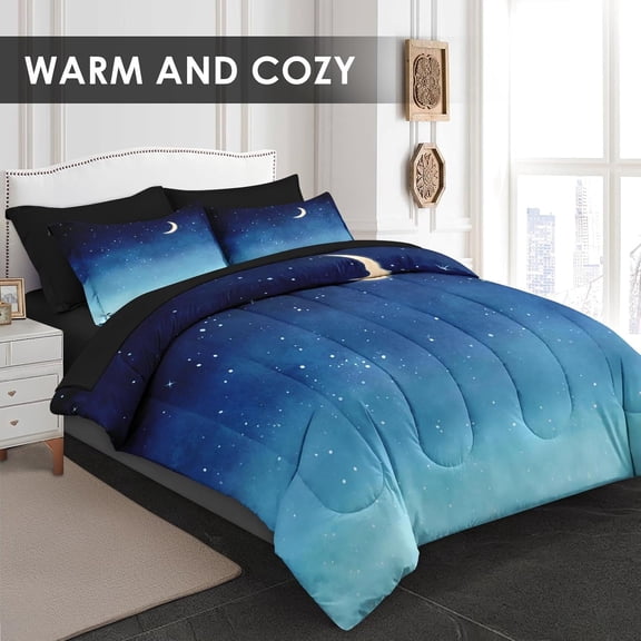 Comforter Set Twin Size, Blue Starry Sky 5 Pcs Bedding for Kids and Adults, Landscape Night Moon Bed Sheet Sets with Fitted Sheet Pillowcase & Sham for Bedroom Bed Decor