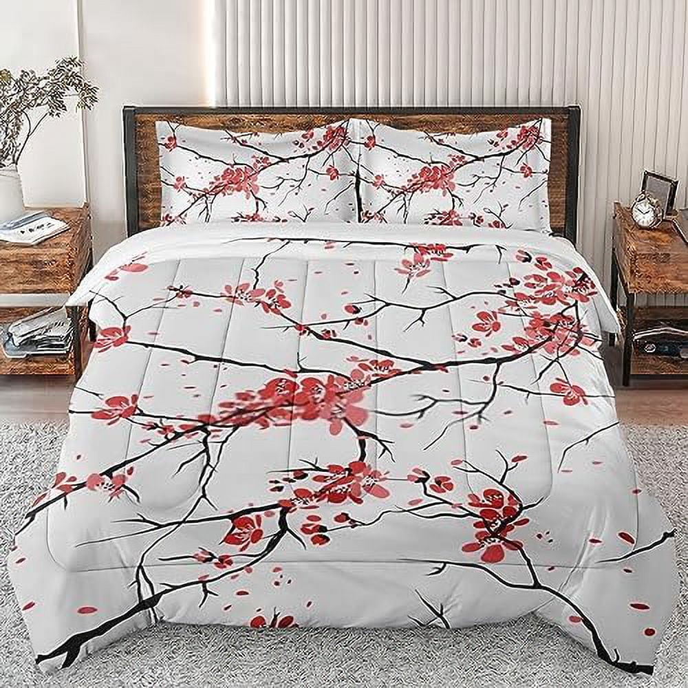 Comforter Set Twin Size Cherry Flower Japanese Soft Bedding Set for