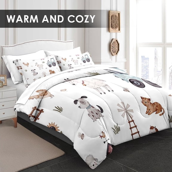 Comforter Set Twin Size, Farm Animal Cow 5 Pcs Bedding for Kids and Adults, Autumn Cute Tractor Bed Sheet Sets with Fitted Sheet Pillowcase & Sham for Bedroom Bed Decor