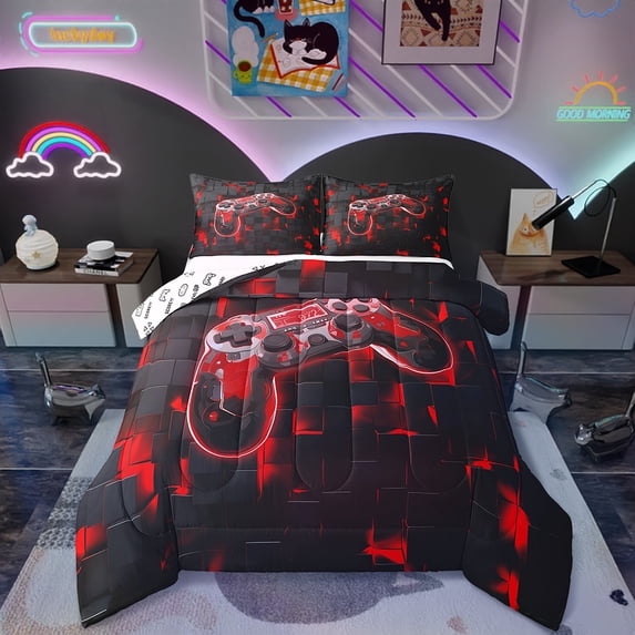 Comforter Set Twin Size Game Console Bedding Teen Black and Red Gamepad Gaming Bed Comforter Sets 3D Cool Reversible Gamer Controller Quilted Duvet(Red, Twin 2Pcs)