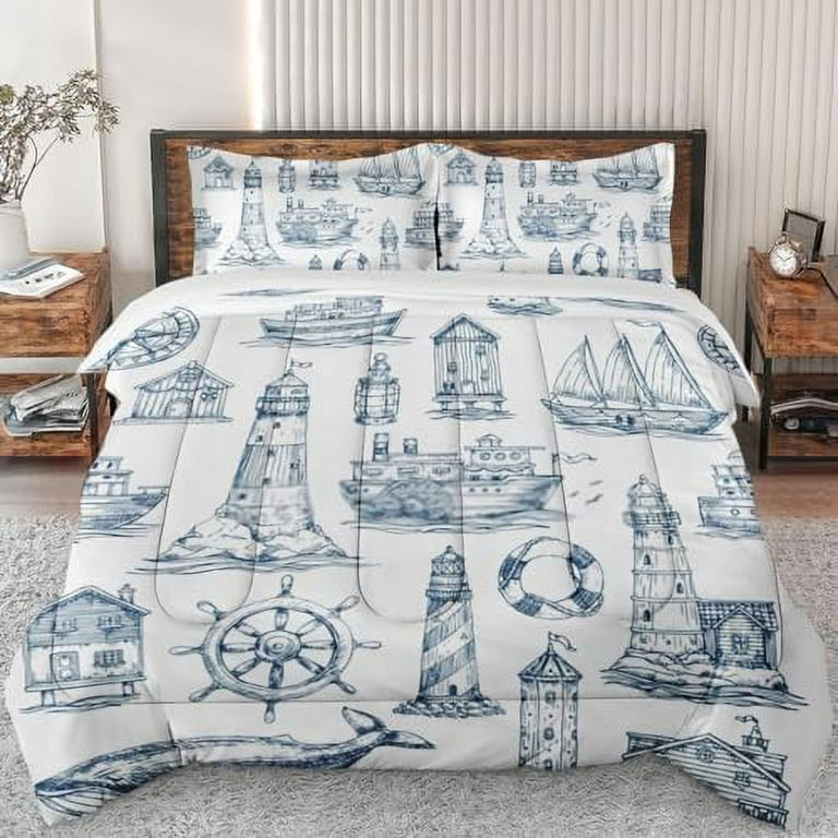 Comforter Set Twin Size Nautical Sea Lighthouse Boat Soft Bedding Set for Kids and Adults Sailor Navy Anchor Comforter Set with Pillowcase for Bedroom Bed Decor Walmart