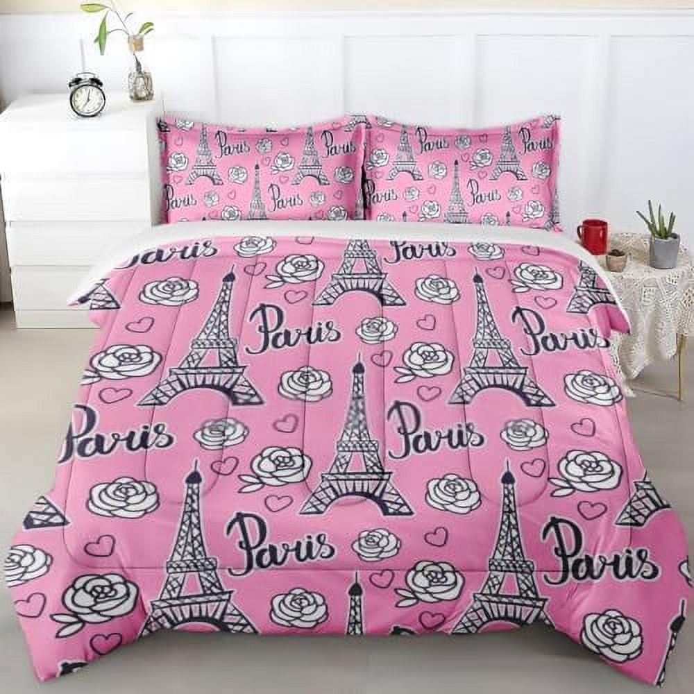 Comforter Set Twin Size Paris Pink Eiffel Tower Bedding Set for Kids