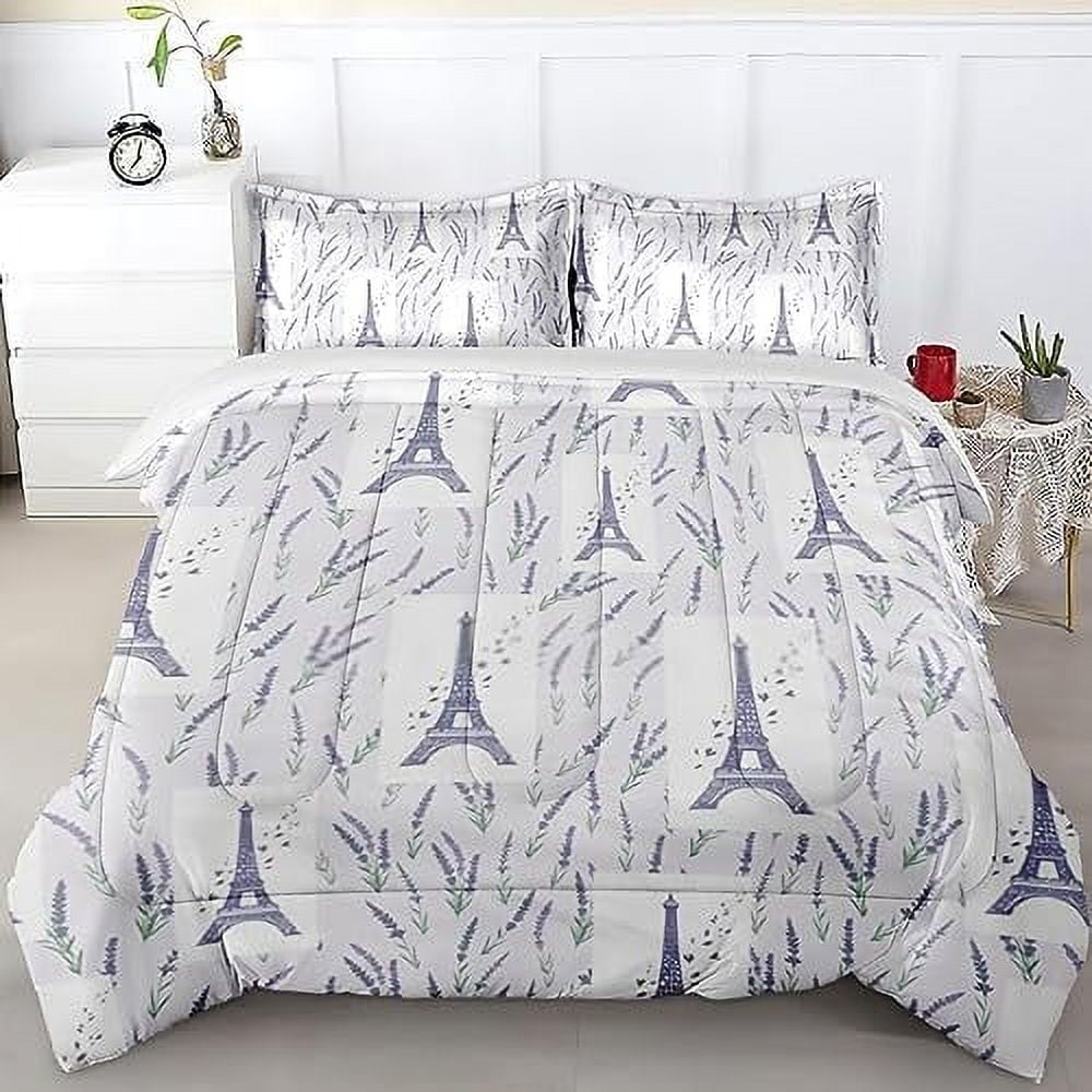 Comforter Set Twin Size Paris Vintage Eiffel Tower Bedding Set for Kids