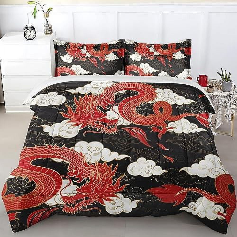 Comforter Set Twin Size Red Chinese Dragon Golden Bedding Set for Kids