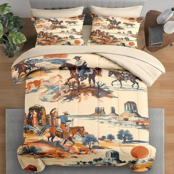Comforter Set Twin Size, West Horse Desert 5 Pcs Bedding for Kids and Adults, Vintage Western Cowboy Bed Sheet Sets with Fitted Sheet Pillowcase & Sham for Bedroom Bed Decor