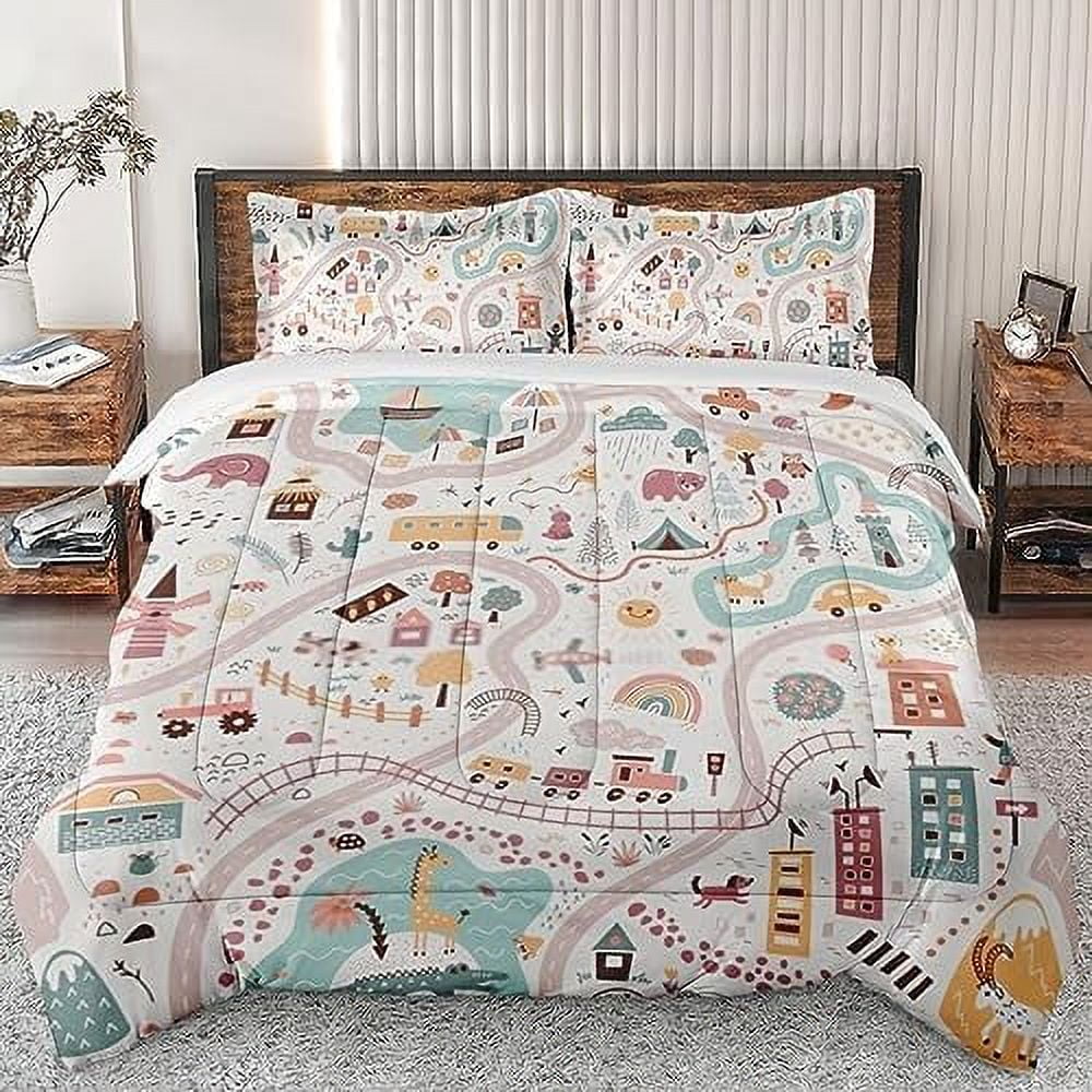 Comforter Set Twin Size World Train Car Vintage Soft Bedding Set for Kids and Adults Retro Blue Cute Comforter Set with Pillowcase for Bedroom Bed Decor Walmart
