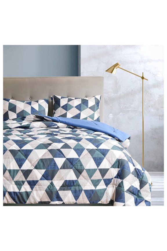Comforter Set, Down Ultra Soft Microfiber, 3 Pieces with 1 Comforter and 2 Pillow Shams, Oeko Tex Certified for King and Cal-King Bed, Blue Pattern King/Cal-King Blue Triangles