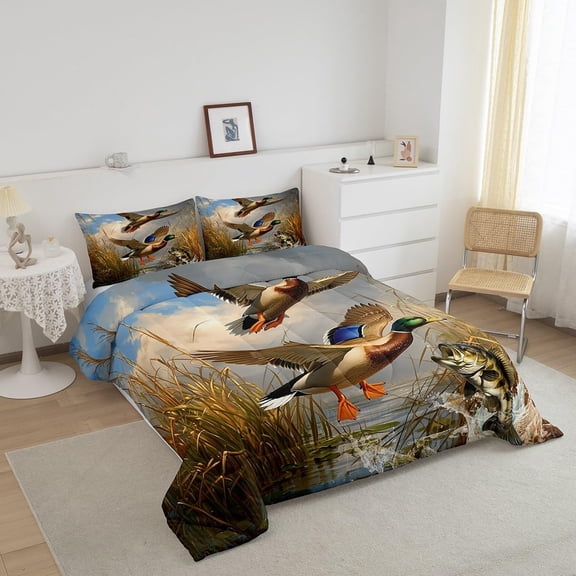 Comforter Set with Duck Fishing Theme, Rustic Vintage Bedding for Men Teens Boys Room Decor