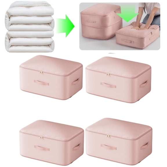 Comforter Storage Bag - Extra Large Capacity Blanket Storage Bags 4-Pack Ultra Space Saving Self Compression Organizer, Washable Compression Bags with Zipper for Comforter Blanket Duvet PillowPink