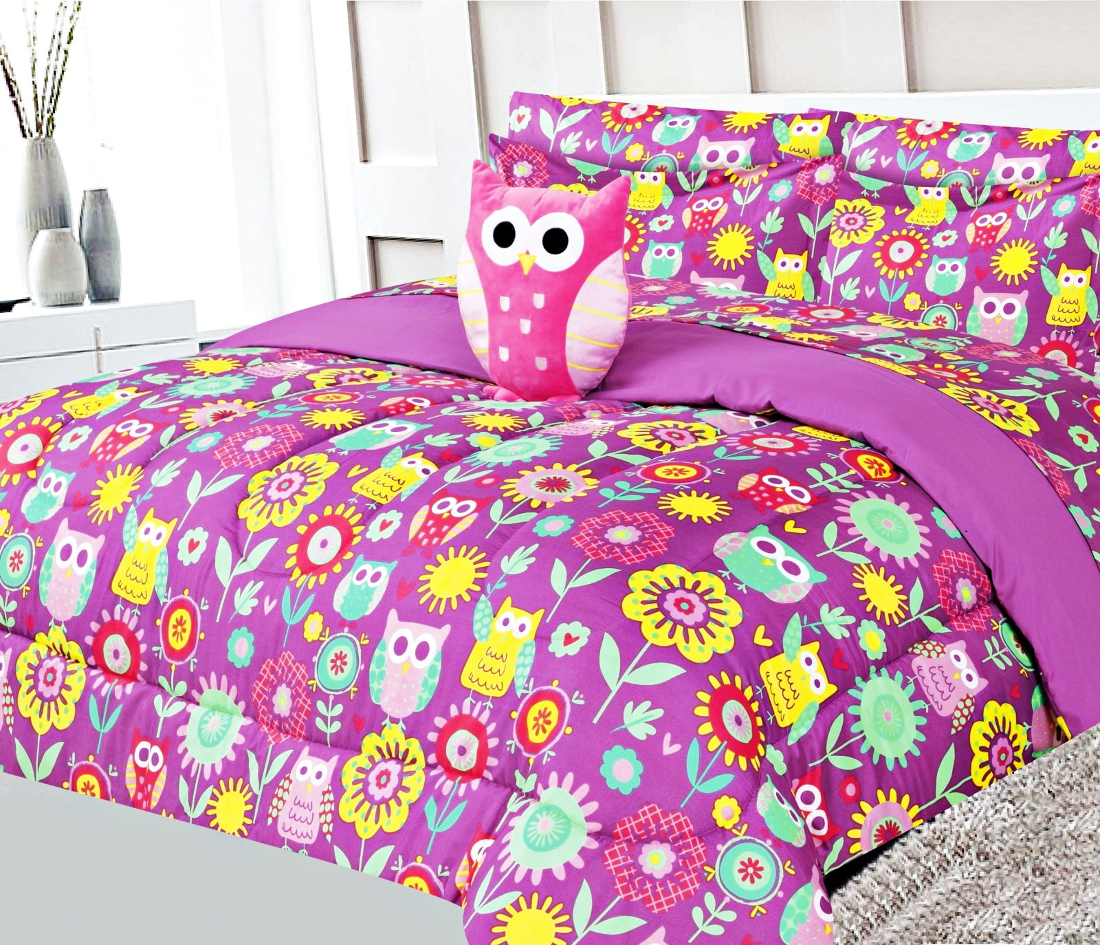 Comforter bed in bag set 6 pieces kids twin size lightweight warm kids bedroom décor character design for boys girls owl purple