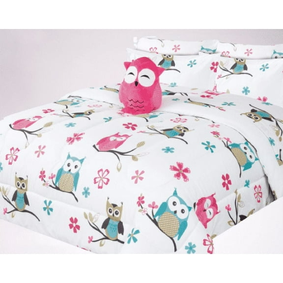 Comforter for kids in TWIN size with matching sheet set and pillow plush toy super soft easy wash girl boy bed dcor owl # 3 white print design