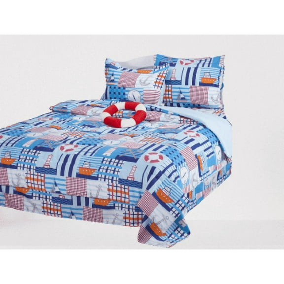 Comforter for kids in TWIN size with matching sheet set and pillow plush toy super soft easy wash girl boy bed dcor sailor boat print design