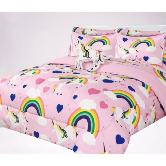 Comforter for kids in TWIN size with matching sheet set and pillow plush toy super soft easy wash girl boy bed décor unicorn rainbow print design