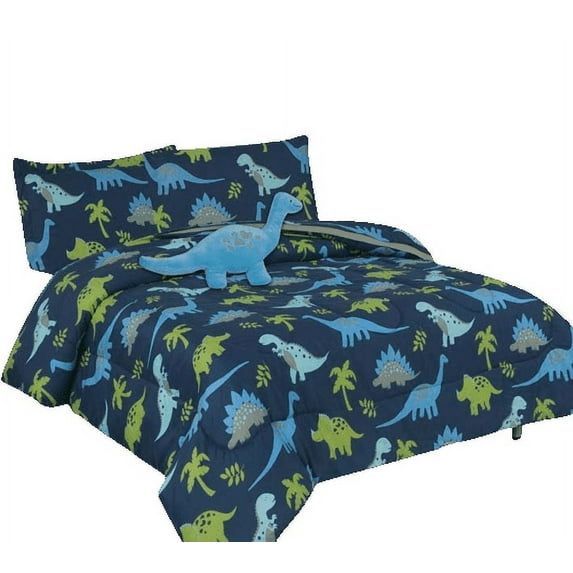 Comforter set FULL size matching fitted sheet set and pillow sham plushie toy big dinosaur bed in bag print design supersoft for girls, boys bedroom décor 8 pieces