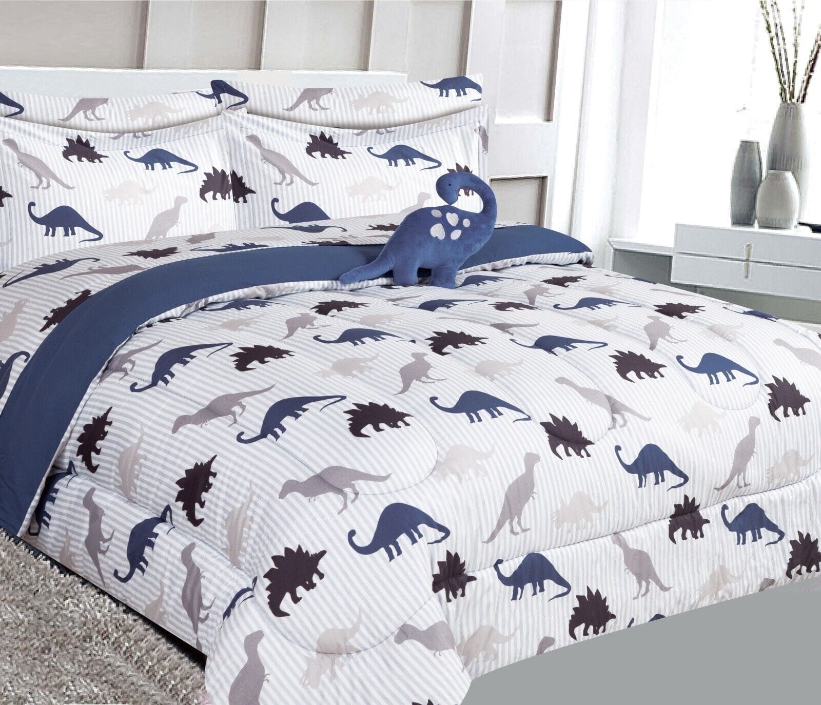 Comforter set matching fitted sheet set and pillow sham plushie toy twin size dinosaur white bag print design supersoft for girls, boys bedroom décor