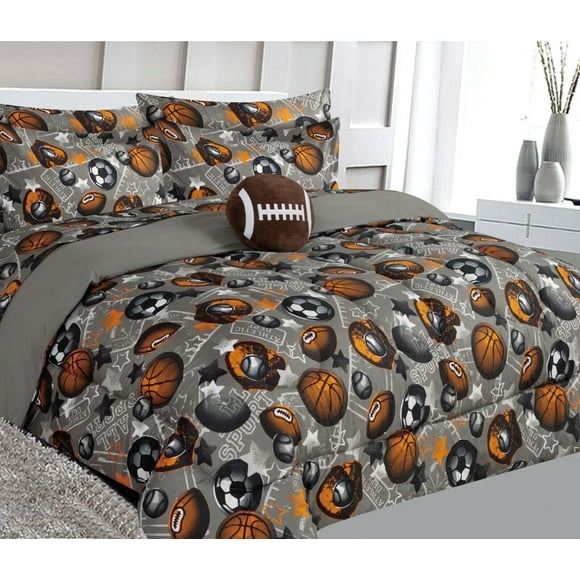 Comforter set matching fitted sheet set and pillow sham plushie toy twin size football bag print design supersoft for girls, boys bedroom dcor