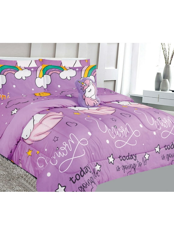 Comforter set matching fitted sheet set and pillow sham plushie toy twin size unicorn lilac bag print design supersoft for girls, boys bedroom décor