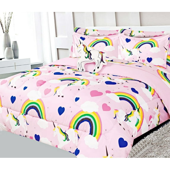 Comforter set matching fitted sheet set and pillow sham plushie toy FULL size crown purple bed in bag print design supersoft for girls, boys bedroom décor