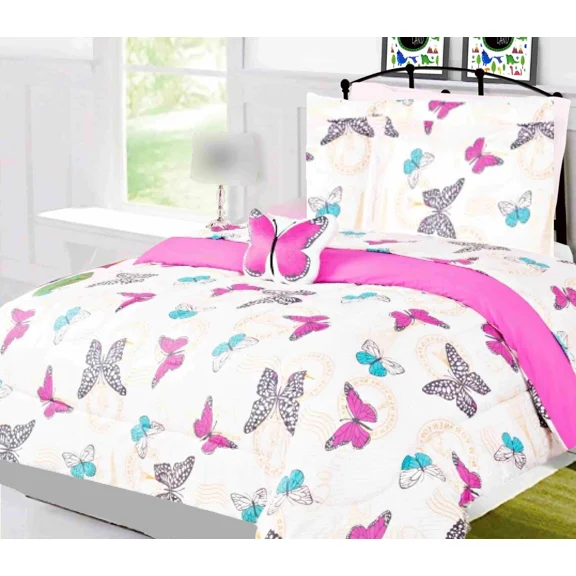 Hot Pink Butterfly 6-Piece Reversible Supersoft Comforter Print Design Twin Size Bedding Set