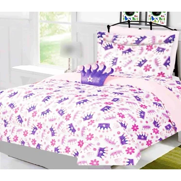 Purple Princess Crown 6-Piece Reversible Supersoft Comforter Print Design Twin Size Bedding Set