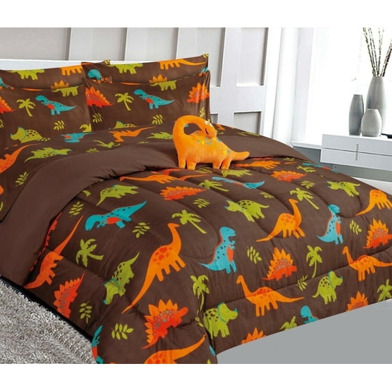 Comforter set matching fitted sheet set and pillow sham plushie toy twin size dinasour brown bed in bag print design supersoft for girls, boys bedroom décor