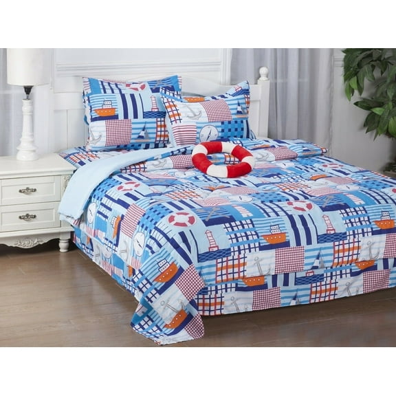 Bed in bag Comforter Sailor Boat for kids with matching sheet set and pillow plush toy super soft girl boy print design in TWIN size