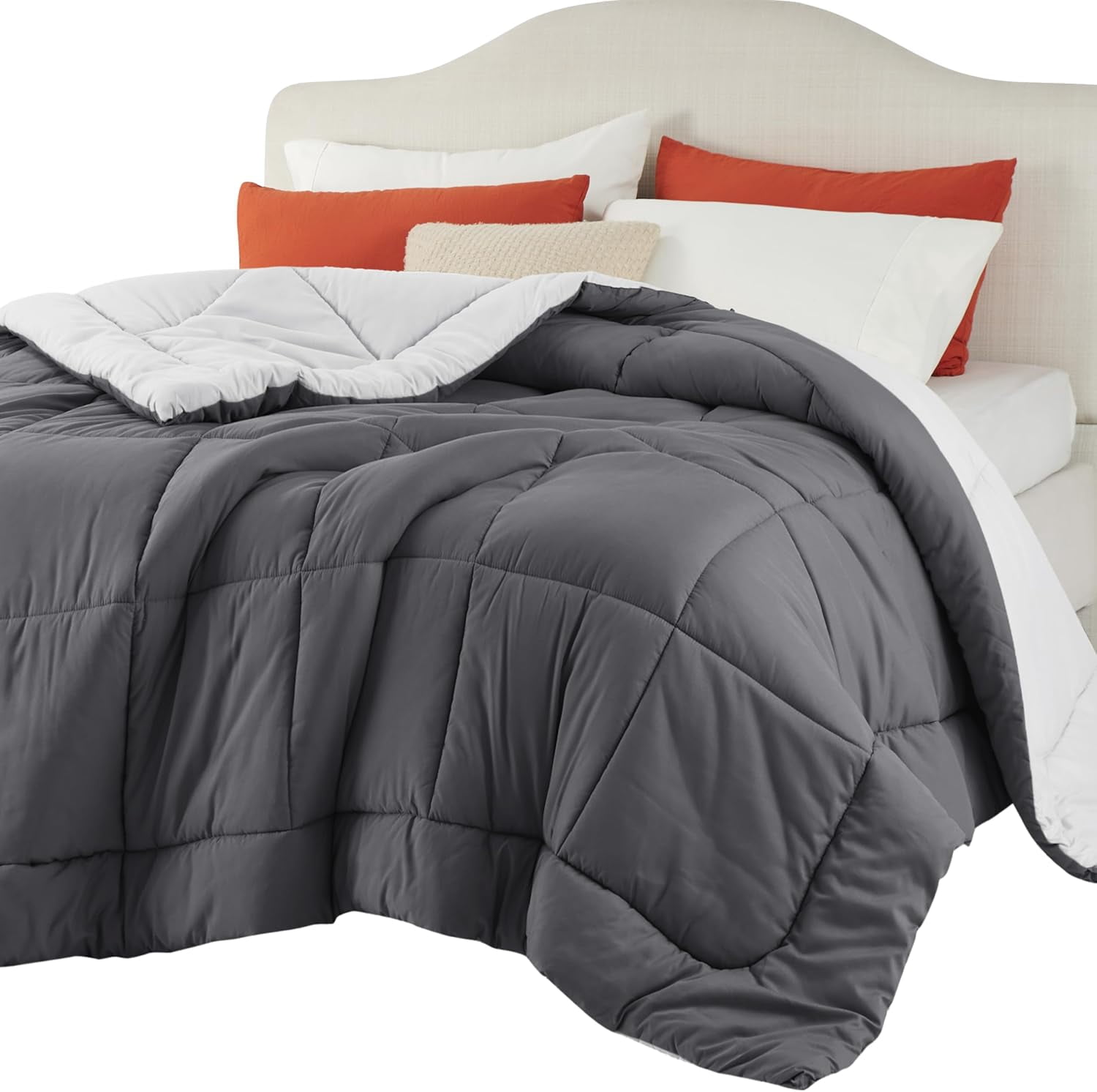 ZHIMEI-Comforters Cal King Size -Duvet Insert Dark/Light Gray Down Alternative Comforter Quilted All Season Duvet with Tabs-Machine Washable-Gifts for Women(Dark Gray/Light Gray,Cal King 96x102)