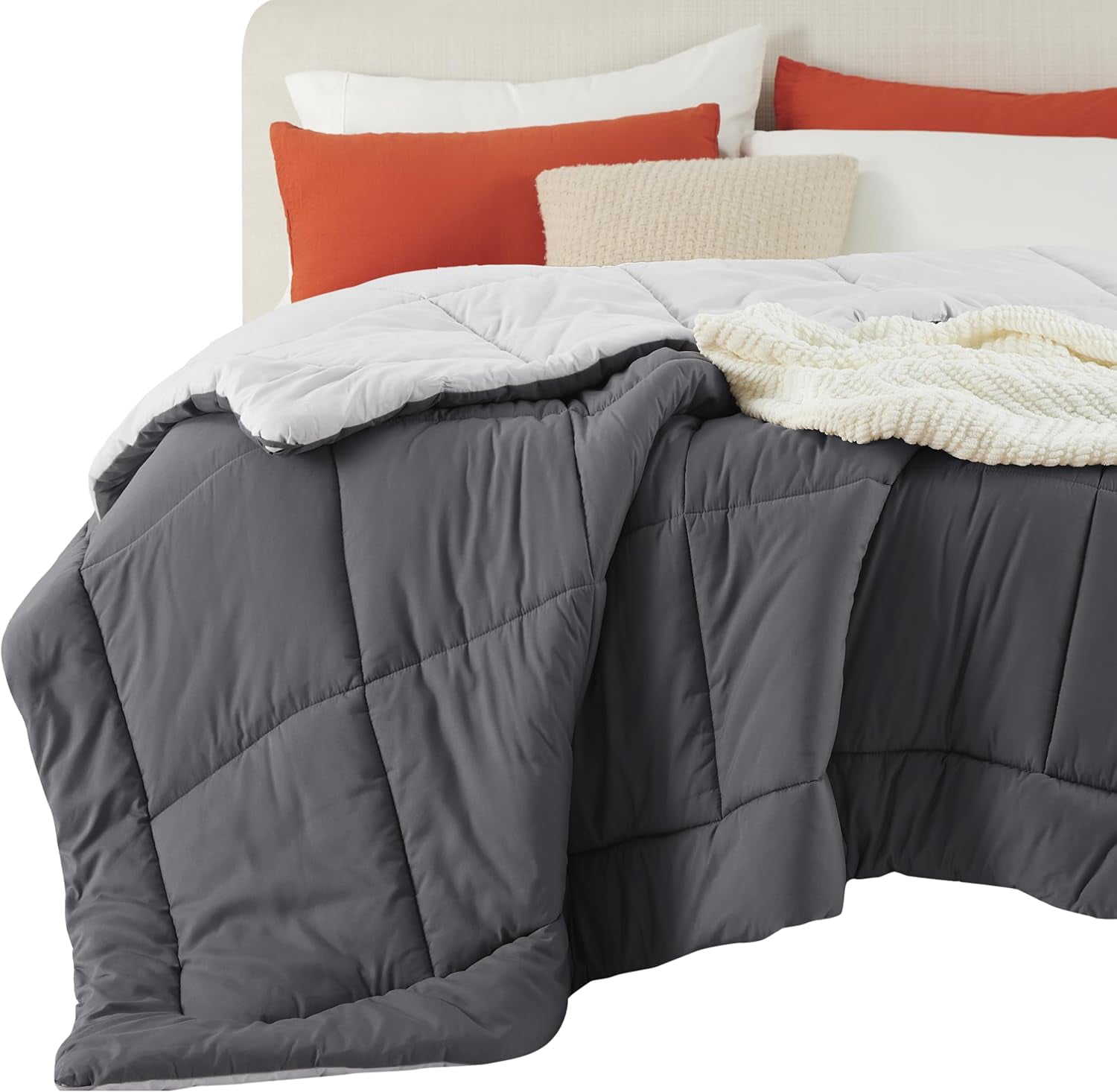 ZHIMEI-Comforters Full Size -Duvet Insert Dark Gray/Light Gray Down Alternative Comforter Quilted All Season Duvet with Tabs-Machine Washable-Gifts for Women(Dark Gray/Light Gray,Full 86x82)