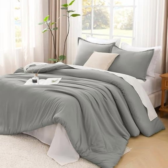 Comforters Medium Gray Full Size, 3 Pieces Lightweight Solid Bedding Set & Collections, All Season Fluffy Bed Set (79x90In Comforter & 2 Pillowcases)