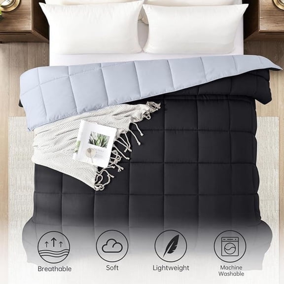 Comforters Queen Size - Black Duvet Insert Down Alternative Bed Queen Comforter, Lightweight Bedding Comforters Full Size Quilted Soft All Season Reversible Black/Light Grey