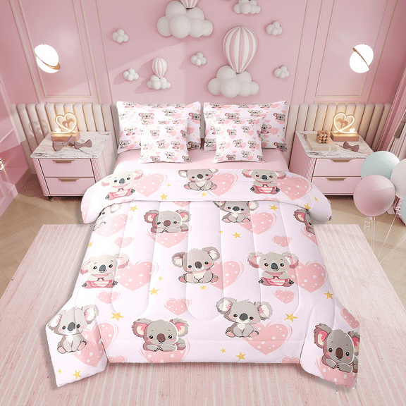 Comforters Twin Size Set with Sheets Cute Koala Bedding,7 Pieces Bed in a Bag Twin Pink Love Heart Bedding Sets with Comforter,Sheets,Pillowcases and Shams