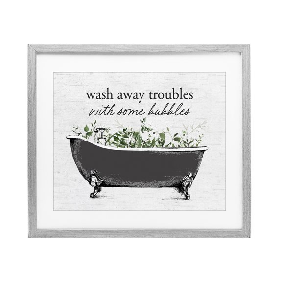 Comforting Bubble Bath Quote Gray Framed Print Under Glass, design by Lettered and Lined