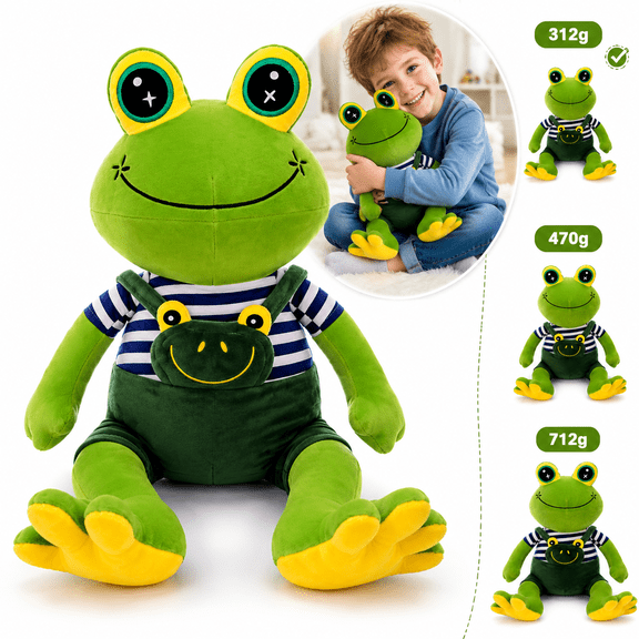 Comforting Green Frog Plush Toy - Cute Smiling Frog Stuffed Animal with Overalls, Super Soft Squishy Pillow for Anxiety Relief, Positive Vibes Gift for Adults and Kids (Multiple Weights Available)